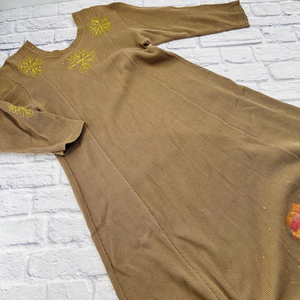 ILGWU Full Fashioned Thermal Dress XL Tan Handpainted Winter Snowman Made USA
